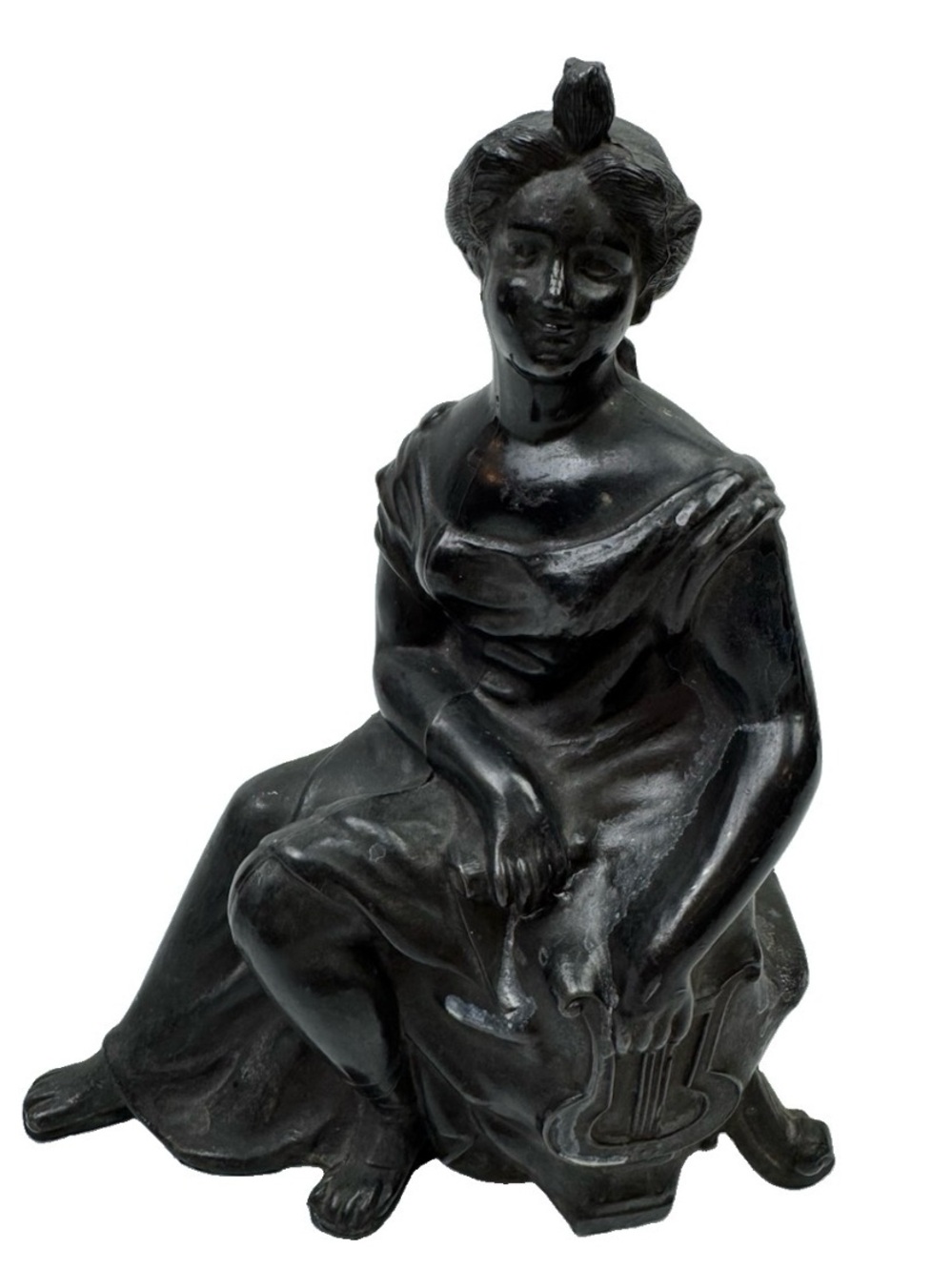 Vintage Metal Spelter Ansonia Mantle Clock Topper Statue Lady w/ Harp Lyre